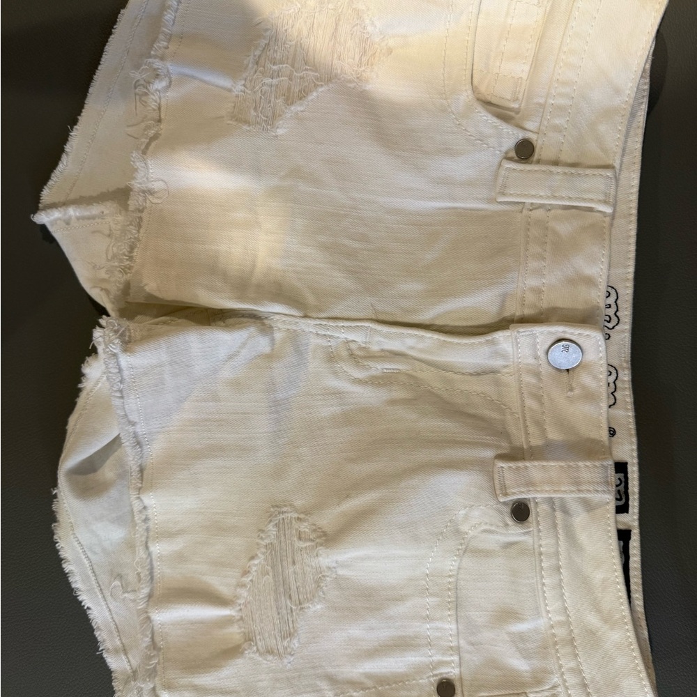 Cream Distressed Denim Shorts